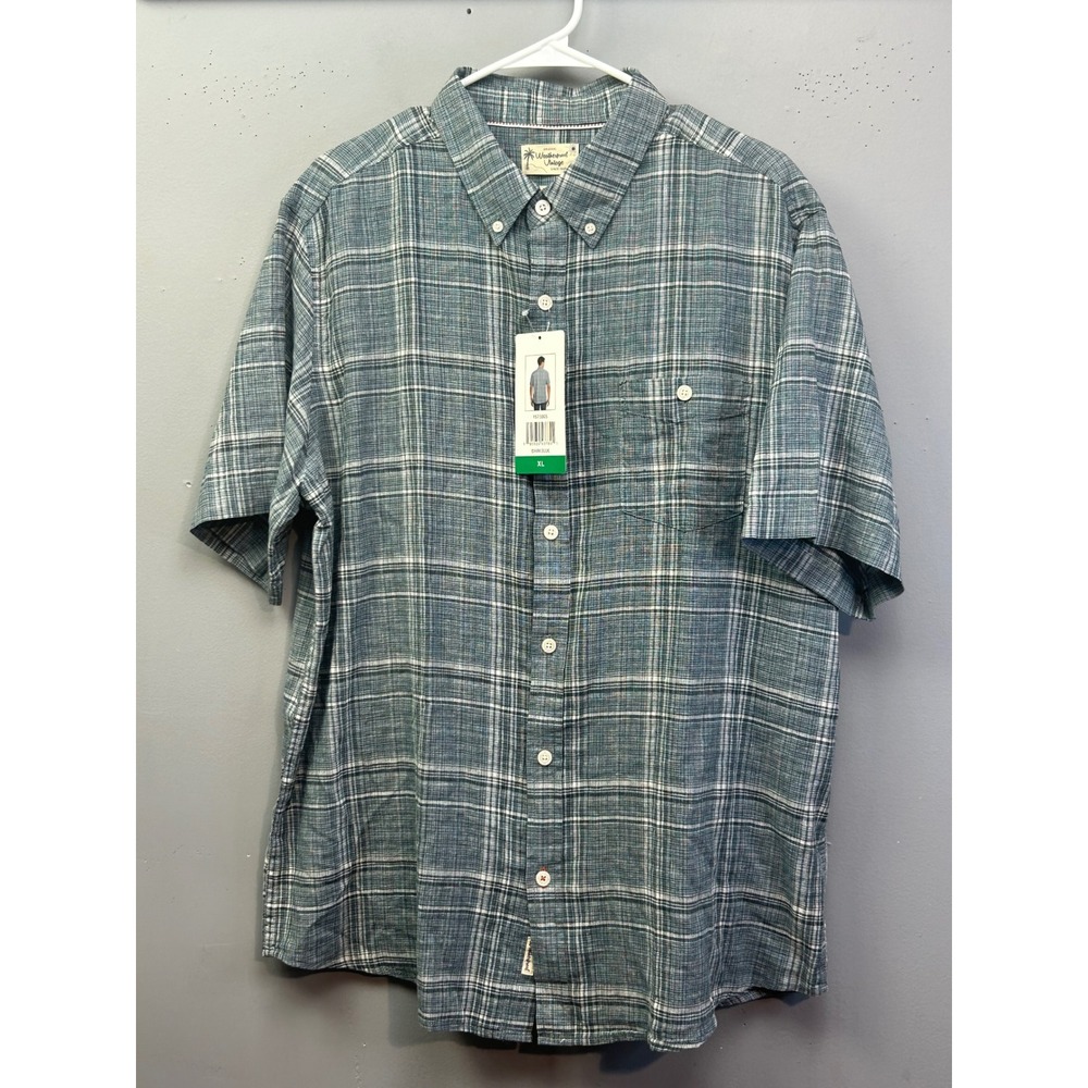 Weatherproof Vintage Shirt Men XL Dark Blue Plaid‎ Washable Linen Short Sleeve